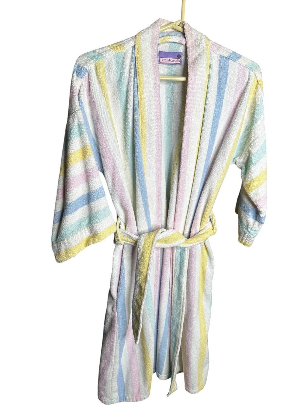 Vintage Beth Michaels Pastel Striped Terrycloth Robe Retro Loungewear
